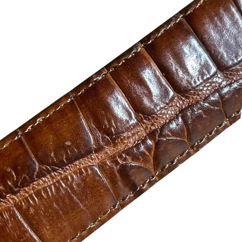 Brighton Brown Embossed Calfskin Leather Belt Gold Buckle Size L (30-43)